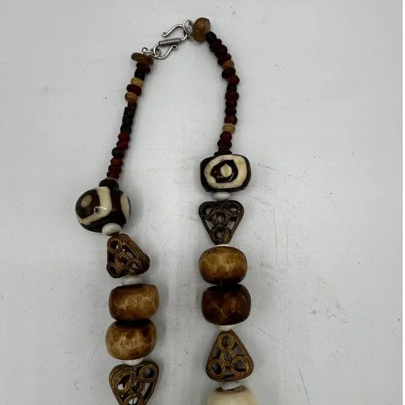 African Tribal Style Dzi Beads Wood Batik Bone Unique‎ Statement Necklace Boho